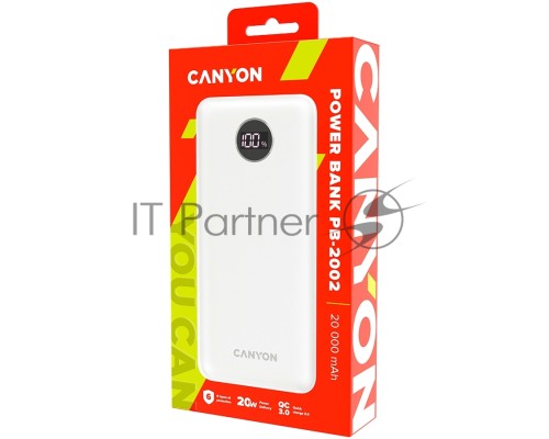 Внешний аккумулятор CANYON  PB-2002 Power bank 20000mAh Li-poly battery, Input Type-C 5V3A,9V2A,18W  , Output Type-C：5V3A,9V2.2A,12V1.5A,20W, Output USBA1/USBA2：5V3A,5V/4.5A,4.5V/5A,9V2A,12V1.5A,22.5W147.5*69*28.6mm, 0.437g , cable  Type C, white