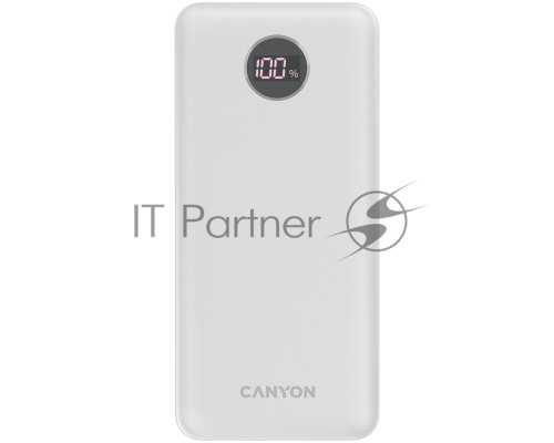 Внешний аккумулятор CANYON  PB-2002 Power bank 20000mAh Li-poly battery, Input Type-C 5V3A,9V2A,18W  , Output Type-C：5V3A,9V2.2A,12V1.5A,20W, Output USBA1/USBA2：5V3A,5V/4.5A,4.5V/5A,9V2A,12V1.5A,22.5W147.5*69*28.6mm, 0.437g , cable  Type C, white