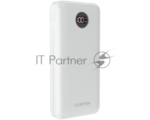Внешний аккумулятор CANYON  PB-2002 Power bank 20000mAh Li-poly battery, Input Type-C 5V3A,9V2A,18W  , Output Type-C：5V3A,9V2.2A,12V1.5A,20W, Output USBA1/USBA2：5V3A,5V/4.5A,4.5V/5A,9V2A,12V1.5A,22.5W147.5*69*28.6mm, 0.437g , cable  Type C, white