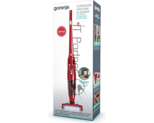 Пылесос вертикальный Gorenje SVC252GFR красный, питание от аккумулятора, 22 Вт, уборка сухая, пылесборник 0.5 л