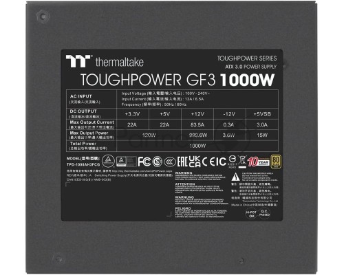Блок питания Toughpower GF3 1000 TPD-1000AH3FCG 1000W, 80 Plus Gold, Fully Modular (12+4 pin PCIe Gen 5) (534031) Блок питания Toughpower GF3 1000 TPD-1000AH3FCG 1000W, 80 Plus Gold, Fully Modular (12+4 pin PCIe Gen 5) (534031)