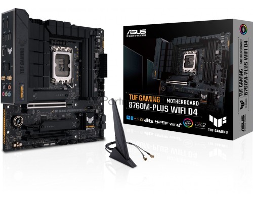 Материнская плата ASUS TUF GAMING B760M-PLUS WIFI D4, LGA 1700, Intel B760, 4xDDR4, 4xSATA, 2xM.2, 1xPCI-E 5.0 x16, 1xPCI-E 4.0 x4, 1xUSB-A 3.2 Gen 1, 4xUSB-A 3.2 Gen 2, 2xUSB 2.0, 1xUSB-C 3.2 Gen 2x2, 1x2.5Gb LAN, 5x3.5 мм, 7.1, Wi-Fi 6, Bluetooth 5.2, 