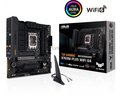 Материнская плата ASUS TUF GAMING B760M-PLUS WIFI D4, LGA 1700, Intel B760, 4xDDR4, 4xSATA, 2xM.2, 1xPCI-E 5.0 x16, 1xPCI-E 4.0 x4, 1xUSB-A 3.2 Gen 1, 4xUSB-A 3.2 Gen 2, 2xUSB 2.0, 1xUSB-C 3.2 Gen 2x2, 1x2.5Gb LAN, 5x3.5 мм, 7.1, Wi-Fi 6, Bluetooth 5.2, 