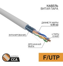 PROconnect (01-0142-3-25) Кабель витая пара омедненный, F/UTP, CCA, CAT 5e, PVC, 4PR, 24AWG, INDOOR, SOLID, серый, 25м