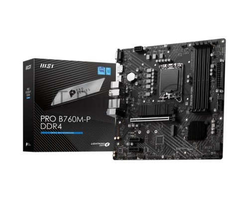 Материнская плата MSI PRO B760M-P DDR4, LGA 1700, Intel B760, 4xDDR4, 4xSATA, 2xM.2, 1xPCI-E 4.0 x16, 2xPCI-E 3.0 x1, 1xHDMI, 1xDP, 1xVGA, 1x1Gb LAN, 4xUSB-A 2.0, 1xUSB-A 3.2 Gen 1, 1xUSB-C 3.2 Gen 2, 3x3.5 мм, 7.1, Micro-ATX