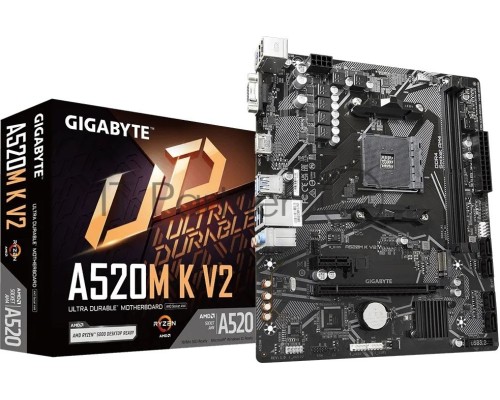 Материнская плата GIGABYTE A520M K V2, AM4, AMD A520, 2xDDR4, 4xSATA, 1xM.2, 1xPCI-E 3.0 x16, 1xHDMI, 1xVGA, 1x 1Gb LAN, 2xUSB-A 2.0, 4xUSB 3.2 Gen 1, 3x3.5 мм, 7.1, Micro-ATX