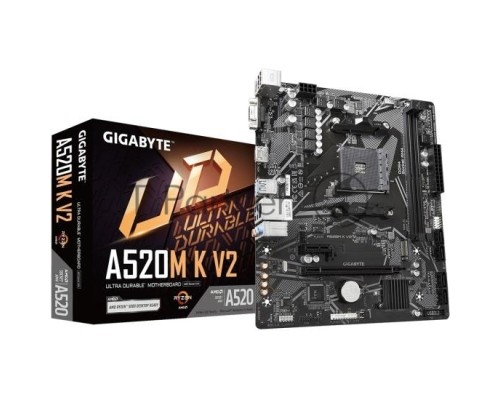 Материнская плата GIGABYTE A520M K V2, AM4, AMD A520, 2xDDR4, 4xSATA, 1xM.2, 1xPCI-E 3.0 x16, 1xHDMI, 1xVGA, 1x 1Gb LAN, 2xUSB-A 2.0, 4xUSB 3.2 Gen 1, 3x3.5 мм, 7.1, Micro-ATX