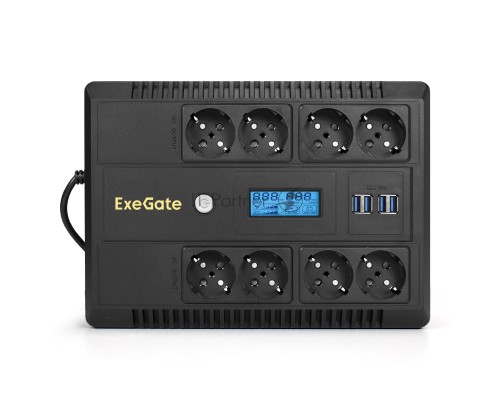ИБП ExeGate NEO Smart LHB-1000.LCD.AVR.8SH.CH.USB <1000VA/650W, LCD, AVR, 8*Schuko, USB, 4*USB-порта для зарядки, Black>