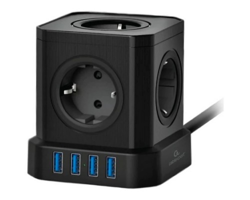 [Кабель эксперт] Cablexpert Сетевой фильтр Tower TWR-5-U4-B-2 (5р, 10А, 4 х USB, 3.1А, 2м, ур.защиты 4+) черный, коробка {22552}