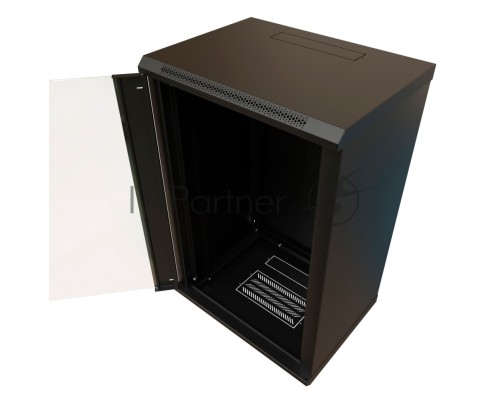 Шкаф коммутационный WRline (WR-TW-2245-GP-RAL9004) настенный 22U 600x450мм пер.дв.стекл 2 бок.пан. 60кг черный 370мм 1086мм IP20 сталь