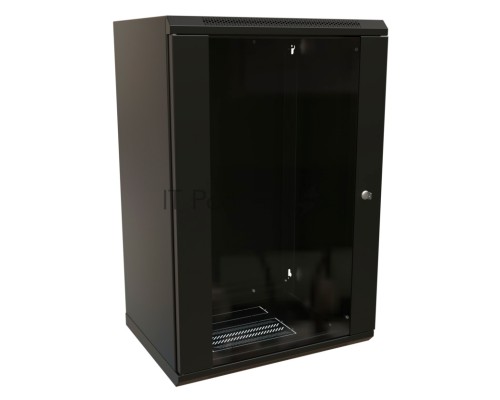 Шкаф коммутационный WRline (WR-TW-2245-GP-RAL9004) настенный 22U 600x450мм пер.дв.стекл 2 бок.пан. 60кг черный 370мм 1086мм IP20 сталь