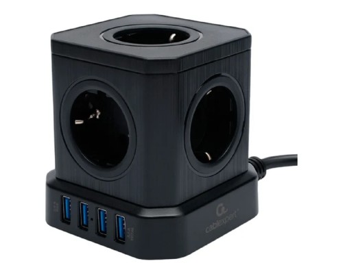 [Кабель эксперт] Cablexpert Сетевой фильтр Tower TWR-5-U4-B-3 (Tower 5р, 10А, 4 х USB, 3.1А, 3м, ур.защиты 4+) черный, коробка {22553}