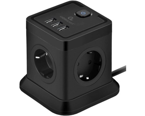 [Кабель эксперт] Cablexpert Сетевой фильтр Tower TWR-4-U3-B-3 (4р, 10А, 3xUSB, 3.1А, 3м, ур.защиты 2+) черный, коробка {22559}