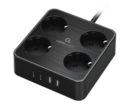 [Кабель эксперт] Cablexpert Сетевой фильтр Plate PLT-4-C2U2-B-2 (4р, 10А, 2xType-C PD, 20Вт, 2xUSB, 2м, ур.защиты 4+) черный, коробка {22562}