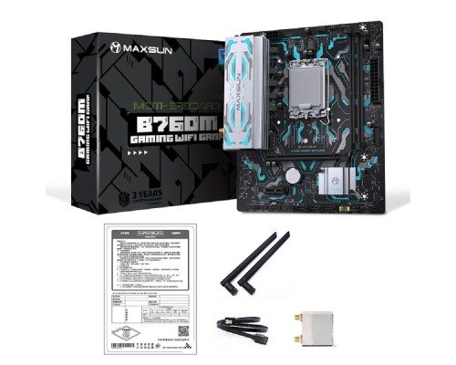 [Материнская плата] MAXSUN MS-B760M GAMING WIFI GANK V2 (Socket 1700, mATX, 2*DDR5, VGA/HDMI, 3*SATA3, 1*M.2, 1xPCI-E x16 /1xPCI-E x4, 4*USB 2.0, 2*USB 3.2 GEN 2, LAN 1*1G,  Bluetooth,  Wi-Fi 802.11ax, RTL)