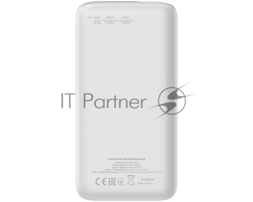 Мобильный аккумулятор CANYON PB - 301, Power bank 30000mAh Li-poly battery, Input Micro: DC5V/2A, 9V/2A Input Type c PD ： DC5V/3A, 9V/2A， Output Type C  PD:5V/3A,9V/2.2A,12V/1.5AOutput USB A1+USBA 2 : 5V3A,5V/4.5A,4.5V/5A,9V2A,12V1.5A,22.5W quick chargin