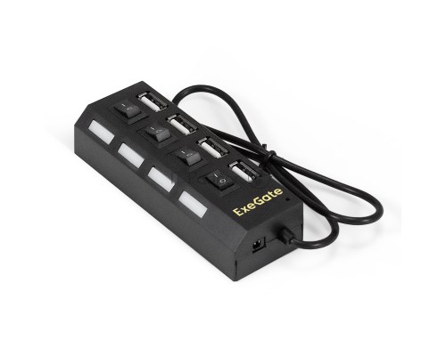 Хаб USB (концентратор) ExeGate EX293977RUS DUB-42SW (кабель-адаптер USB2.0 --> 4xUSB2.0, кнопки включения/отключения для каждого порта, Plug&Play, черный)