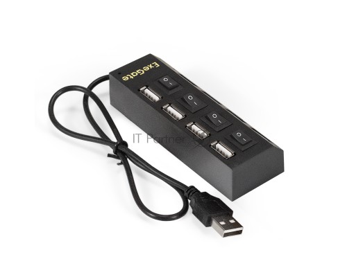 Хаб USB (концентратор) ExeGate EX293977RUS DUB-42SW (кабель-адаптер USB2.0 --> 4xUSB2.0, кнопки включения/отключения для каждого порта, Plug&Play, черный)
