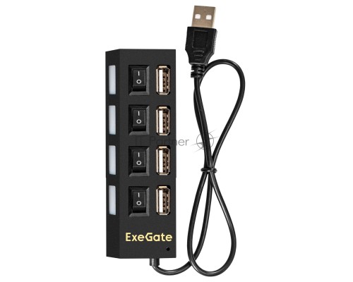 Хаб USB (концентратор) ExeGate EX293977RUS DUB-42SW (кабель-адаптер USB2.0 --> 4xUSB2.0, кнопки включения/отключения для каждого порта, Plug&Play, черный)
