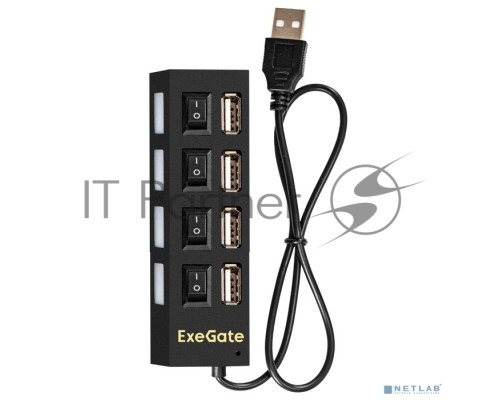 Хаб USB (концентратор) ExeGate EX293977RUS DUB-42SW (кабель-адаптер USB2.0 --> 4xUSB2.0, кнопки включения/отключения для каждого порта, Plug&Play, черный)