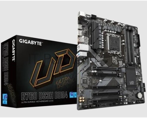 Материнская плата Gigabyte B760 DS3H DDR4, LGA 1700, Intel B760, 4xDDR4, 4xSATA, 2xM.2, 1xPCI-E 4.0 x16, 4xPCI-E 3.0 x1, 1xHDMI, 1xDP, 1x 1Gb LAN, 1xUSB 3.2 Gen 2, 1xUSB 3.2 Gen 2x2, 4xUSB 2.0, 3x3.5 мм, 7.1, ATX