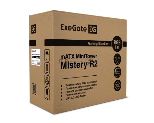 Корпус Minitower Exegate EX294384RUS Mistery R2 (mATX, без БП, 2*USB+1*USB3.0, аудио, черный, 1 вент. 12см с RGB подсветкой и полоса на передней панели, боковая панель - закаленное стекло)