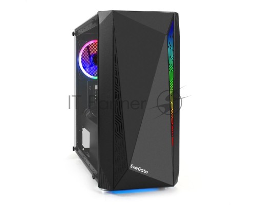 Корпус Minitower Exegate EX294384RUS Mistery R2 (mATX, без БП, 2*USB+1*USB3.0, аудио, черный, 1 вент. 12см с RGB подсветкой и полоса на передней панели, боковая панель - закаленное стекло)