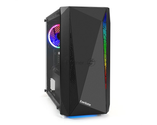 Корпус Minitower Exegate EX294384RUS Mistery R2 (mATX, без БП, 2*USB+1*USB3.0, аудио, черный, 1 вент. 12см с RGB подсветкой и полоса на передней панели, боковая панель - закаленное стекло)