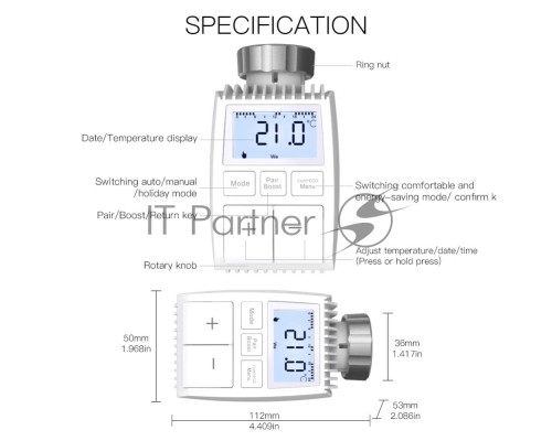 Термостатическая головка MOES Temperature Controller ZTRV-ZX-TV01 Zigbee,  AA 2шт х 1.5 V, накладная, белая