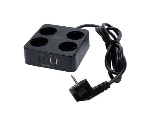 [Кабель эксперт] Cablexpert Сетевой фильтр Plate PLT-4-C2U2-B-3 (4р, 10А, 2xType-C PD, 20Вт, 2xUSB, 3м, ур.защиты 4+) черный, коробка {22563}