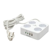 Cablexpert Сетевой фильтр Plate PLT-4-C2U2-W-3 ( 4р, 10А, 2xType-C PD, 20Вт, 2xUSB, 3м, ур.защиты 4+) белый, коробка {22565}