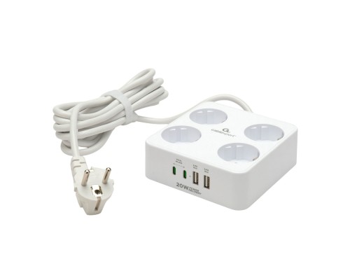[Кабель эксперт] Cablexpert Сетевой фильтр Plate PLT-4-C2U2-W-3 ( 4р, 10А, 2xType-C PD, 20Вт, 2xUSB, 3м, ур.защиты 4+) белый, коробка {22565}