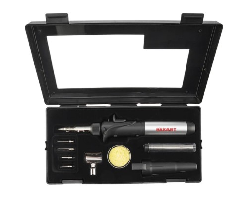 [Паяльные лампы (Автомобильные)] Rexant (12-0505) Паяльник-горелка с пьезоподжигом, газовый, 17мл, 6 насадок + припой + губка, коробка