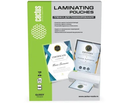 [CACTUS плёнка для ламинирования] Пленка для ламинирования Cactus CS-LPGA3100100,  100мкм,  426х303 мм,  100шт.,  глянцевая,  A3