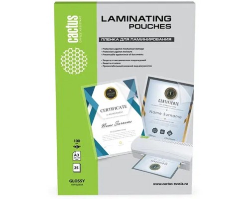 [CACTUS плёнка для ламинирования] Пленка для ламинирования Cactus CS-LPGA310025,  100мкм,  426х303 мм,  25шт.,  глянцевая,  A3