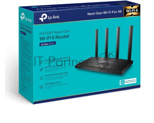 Роутер AX1500 Dual-Band Wi-Fi 6 RouterSPEED: 300 Mbps at 2.4 GHz + 1201Mbps at 5 GHzSPEC: 4× Antennas, 1GHz Dual Core CPU, 1× Gigabit WAN Port + 3× Gigabit LAN Ports, 1024-QAM, OFDMAFEATURE: Tether App, WPA3, Access Point Mode, IPv6 Supported, IPTV, Bea