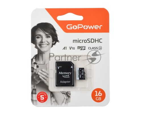 Карта памяти microSD GoPower 16GB Class10 60 МБ/сек V10 с адаптером