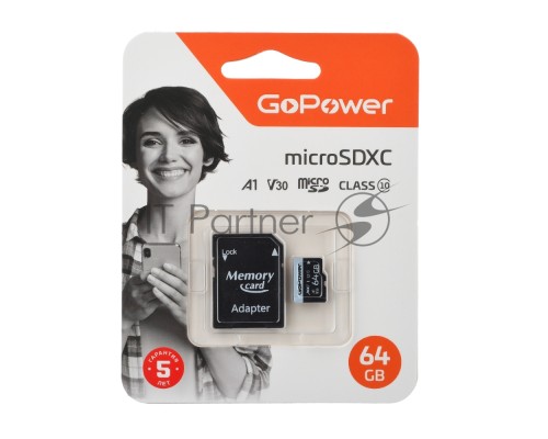 Карта памяти microSD GoPower 64GB Class10 70 МБ/сек V30 с адаптером