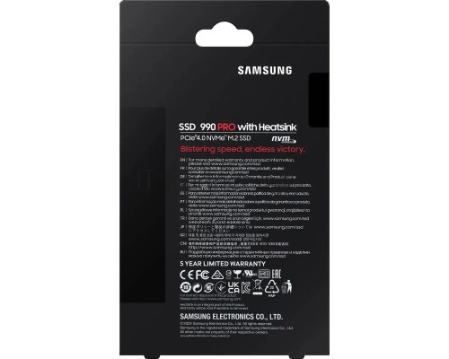 Накопитель SSD Samsung 990 PRO 1TB , M.2(22x80mm), NVMe 2.0, PCIe 4.0 x4, V-NAND TLC, R/W 7450/6900MB/s, IOPs 1 200 000/1 550 000, DRAM buffer 1024MB, TBW 600, DWPD 0.33, with Heatsink (12 мес.)