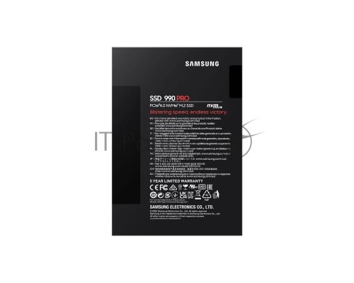 Накопитель SSD Samsung 990 PRO 1TB , M.2(22x80mm), NVMe 2.0, PCIe 4.0 x4, V-NAND TLC, R/W 7450/6900MB/s, IOPs 1 200 000/1 550 000, DRAM buffer 1024MB, TBW 600, DWPD 0.33, with Heatsink (12 мес.)