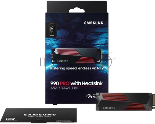 Накопитель SSD Samsung 990 PRO 1TB , M.2(22x80mm), NVMe 2.0, PCIe 4.0 x4, V-NAND TLC, R/W 7450/6900MB/s, IOPs 1 200 000/1 550 000, DRAM buffer 1024MB, TBW 600, DWPD 0.33, with Heatsink (12 мес.)