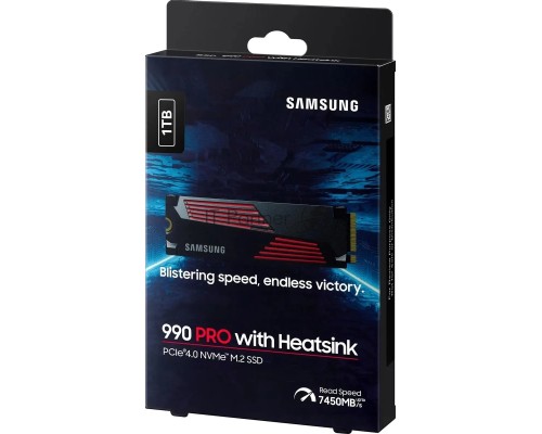 Накопитель SSD Samsung 990 PRO 1TB , M.2(22x80mm), NVMe 2.0, PCIe 4.0 x4, V-NAND TLC, R/W 7450/6900MB/s, IOPs 1 200 000/1 550 000, DRAM buffer 1024MB, TBW 600, DWPD 0.33, with Heatsink (12 мес.)