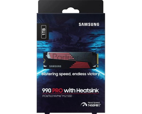 Накопитель SSD Samsung 990 PRO 1TB , M.2(22x80mm), NVMe 2.0, PCIe 4.0 x4, V-NAND TLC, R/W 7450/6900MB/s, IOPs 1 200 000/1 550 000, DRAM buffer 1024MB, TBW 600, DWPD 0.33, with Heatsink (12 мес.)