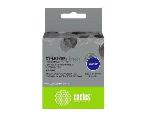 Картридж ленточный Cactus CS-LK3YBP черный, 9мм, 9м для Epson LW300/LW400/LW700/LW600P/LW1000P/K400/Z700/Z900