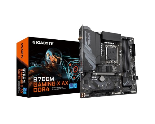 Материнская плата Gigabyte B760M GAMING X AX DDR4, Socket 1700, B760, 4xDDR4-3200, HDMI+DP, 2xPCI-Ex16, 4xSATA3(RAID 0/1/5/10), 2xM.2, 8Ch Audio, 2.5GbLan, (4+4)xUSB2.0, (4+2)xUSB3.2, (0+1)xUSB3.2 Type-C™, mATX, RTL