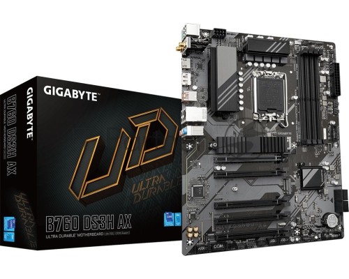 Материнская плата GIGABYTE B760 DS3H AX, LGA 1700, Intel B760, 4xDDR5, 4xSATA, 2xM.2, 1xPCI-E 4.0 x16, 4xPCI-E 3.0 x1, 1xHDMI, 1xDP, 1x 1Gb LAN, 4xUSB-A 2.0, 1xUSB-A 3.2 Gen 2, 1xUSB-C 3.2 Gen 2, 3x3.5 мм, 7.1, ATX