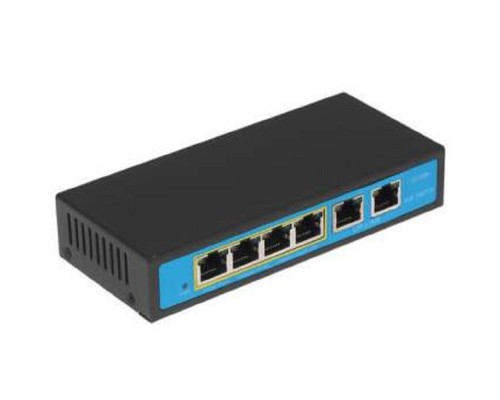[переходник] ORIENT SWP-7504POE/2P, PoE коммутатор 4 порта, 4xPoE 100Mbps + 2xUplink 100Mbps, Bandwidth 1.2Gbps, PoE-A (1/2+,3/6-), IEEE802.3af/at, мощность до 96Вт, дальность 100 метров, внешний БП