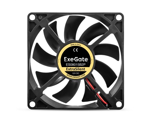 Вентилятор 12В DC ExeGate ExtraSilent ES08015B2P (80x80x15 мм, 2-Ball (двойной шарикоподшипник), 2pin, 1700RPM, 17dBA)