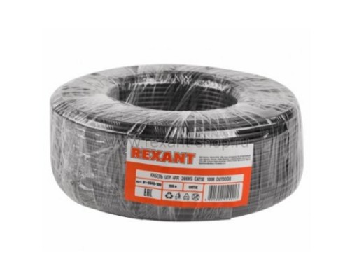 [Неэкранированная витая пара (бухты)] Rexant (01-0045-100) Кабель U/UTP, CAT 5e, PE 4х2х0,50мм, 24AWG, внешний, черный, 100м