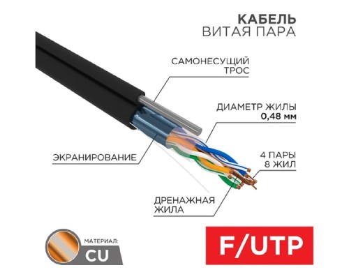 [Экранированная витая пара FTP (бухты)] PROconnect (01-0155) Кабель F/UTP, CAT 5e, PE 4х2х0,48мм, 24AWG, внешний, черный, 305м, с тросом